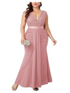 Plus Size Sequin Lace V Neck Mermaid Maxi Evening Gown Ruched Formal Dress